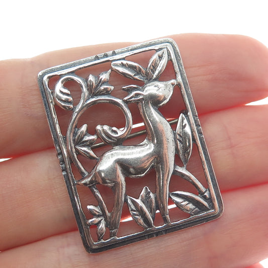 DANECRAFT 925 Sterling Silver Vintage Deer Floral Oxidized Pin Brooch