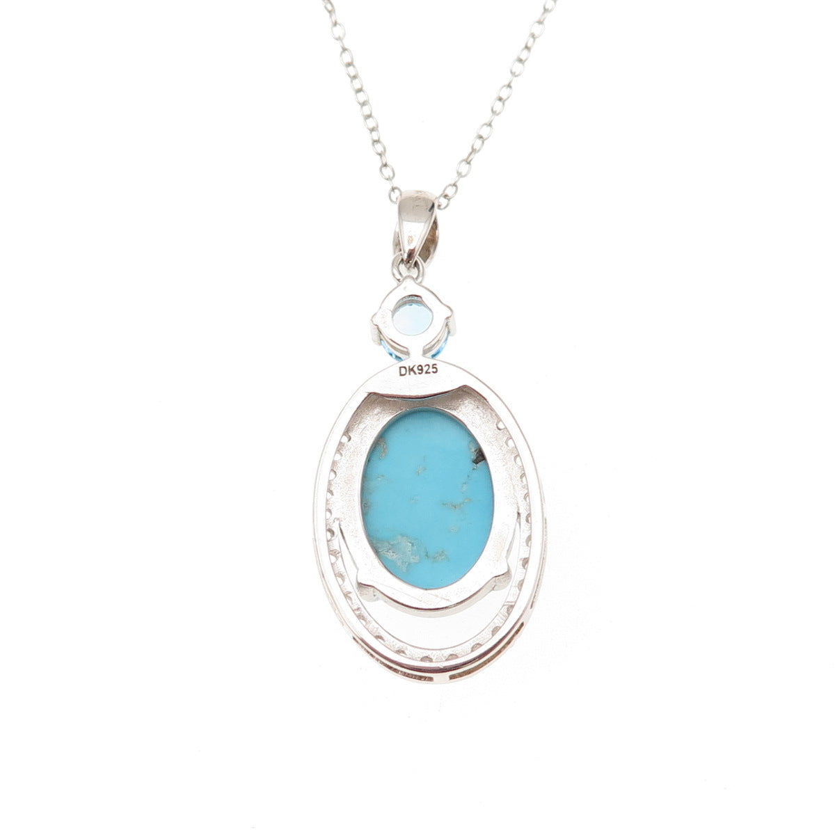 925 Sterling Silver Real Turquoise Blue & White Topaz Cable Chain Necklace 18"