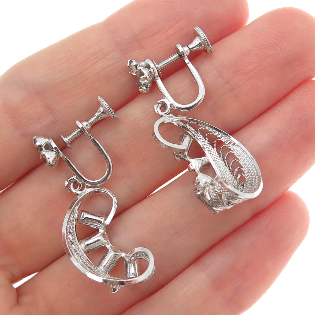 LORAN SIM CO. Sterling Antique Art Deco Rhinestone Filigree Screw Back Earrings