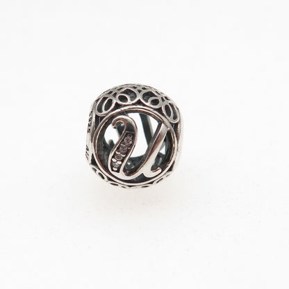 Pandora 925 Sterling Silver C Z Letter U Initial Slide Bead Charm