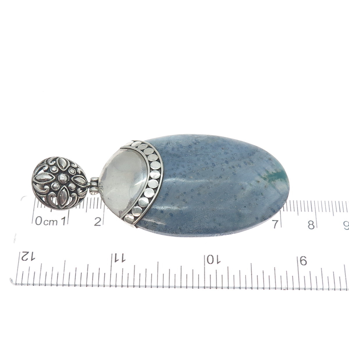 925 Sterling Silver Vintage Real Angelite Modernist Flower Pendant