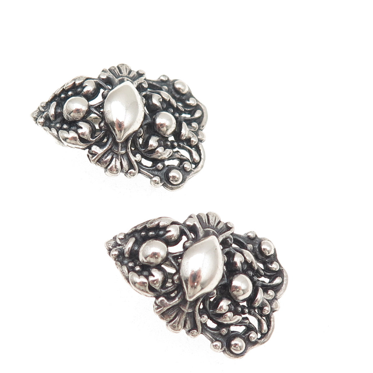 925 Sterling Silver Antique Art Deco Floral Oxidized Clip On Earrings