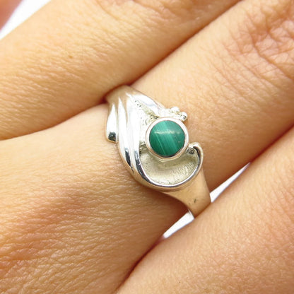 925 Sterling Silver Vintage Real Malachite Gemstone Modernist Ring Size 6.25
