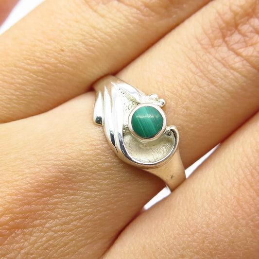 925 Sterling Silver Vintage Real Malachite Gemstone Modernist Ring Size 6.25
