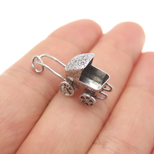 925 Sterling Silver Antique Art Deco Baby Stroller Minimalist 3D Charm Pendant