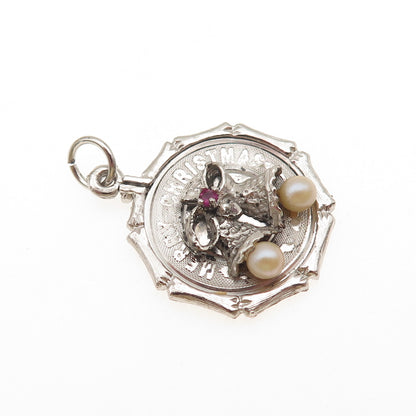 925 Sterling Silver Vintage Faux Pearl Rhinestone Merry Christmas Charm Pendant