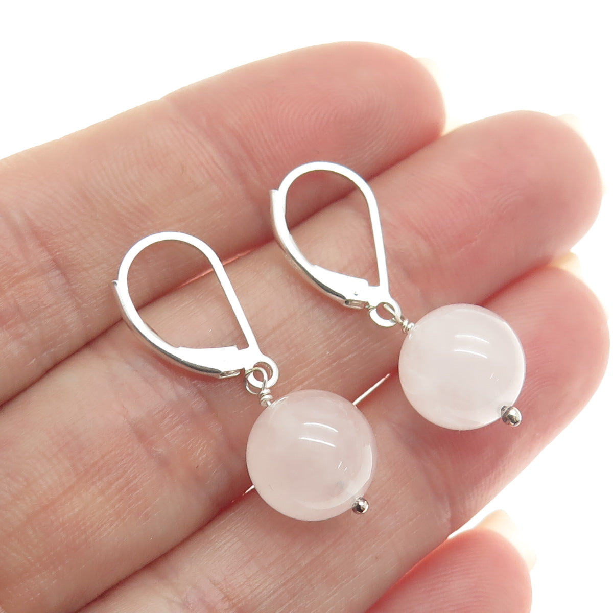 925 Sterling Silver Real Rose Quartz Ball Dangle Earrings