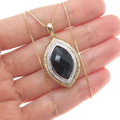 925 Sterling Silver Gold Plated Real Black Spinel & C Z Box Chain Necklace 18"