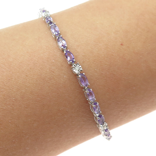 925 Sterling Silver Real Diamond & Marquise-Cut Amethyst Bracelet 7.75"