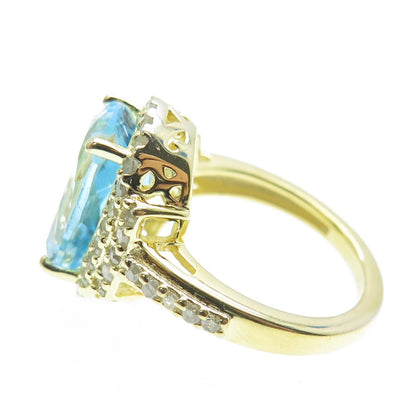 DSMK 925 Sterling Silver Gold Plated Real Diamond & Blue Topaz Ring Size 6.75