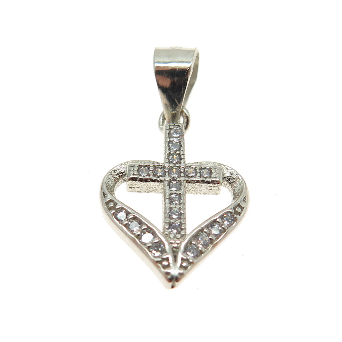 925 Sterling Silver Round-Cut Shaped C Z Cross in Heart Pendant