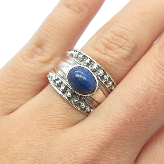 925 Sterling Silver Vintage Real Lapis Lazuli Gemstone Beaded Ring Size 8