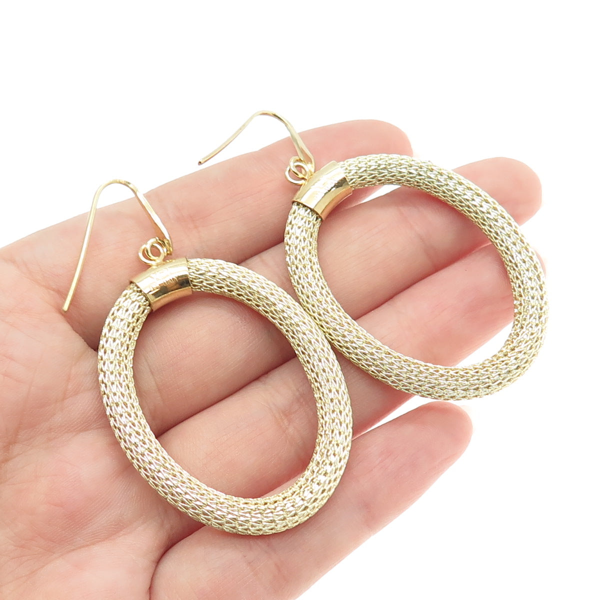 925 Sterling Silver Gold Plated Italy Mesh Oval Dangle Earrings