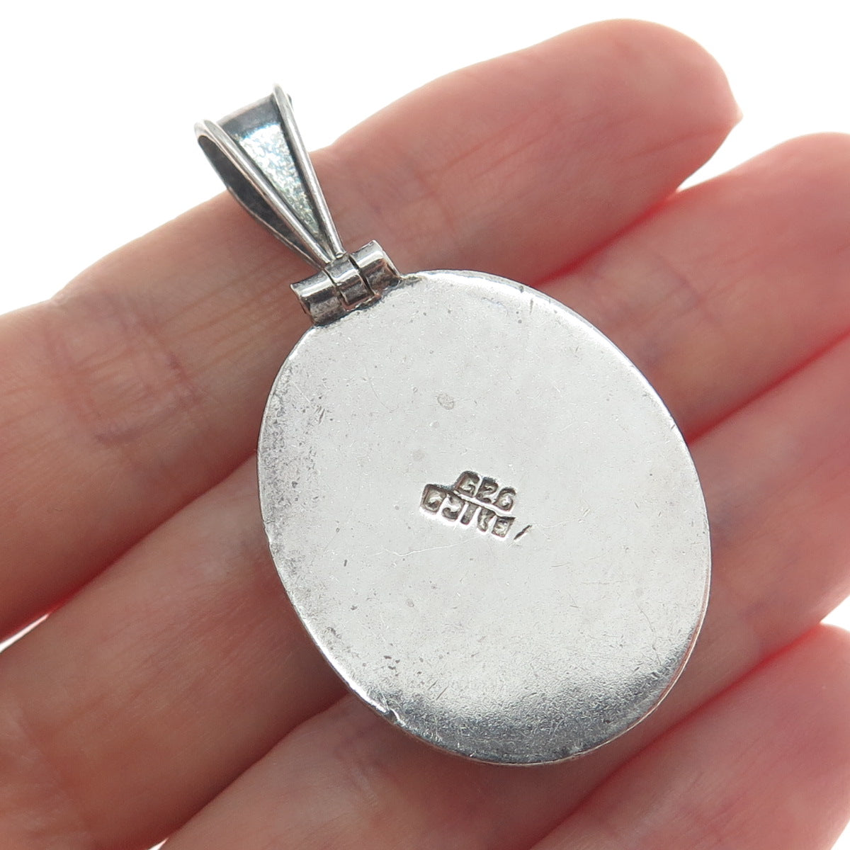 925 Sterling Silver Vintage Mexico Roman Glass Inlay Oxidized Charm Pendant