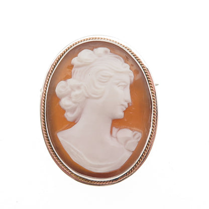 900 Silver 2-Tone Vintage Real MOP Carved Lady Cameo Pin Brooch / Pendant