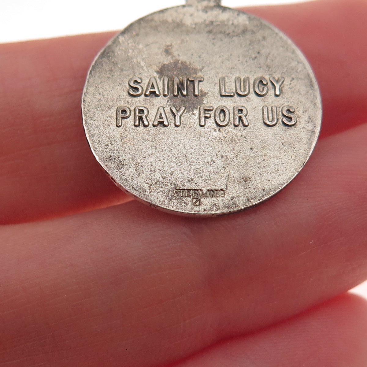 925 Sterling Silver Antique Art Deco St. Lucy Religious Medal Oxidized Pendant