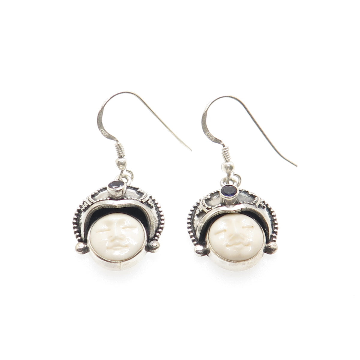 925 Sterling Silver Vintage Real White Onyx & Iolite Moon Face Dangle Earrings