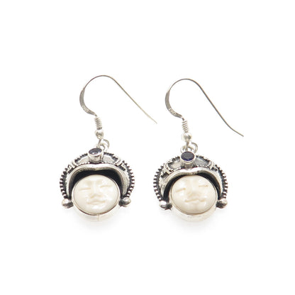 925 Sterling Silver Vintage Real White Onyx & Iolite Moon Face Dangle Earrings