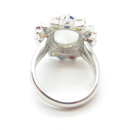 925 Sterling Silver Real Multi-Color Sapphire & Moonstone Floral Ring Size 6.75