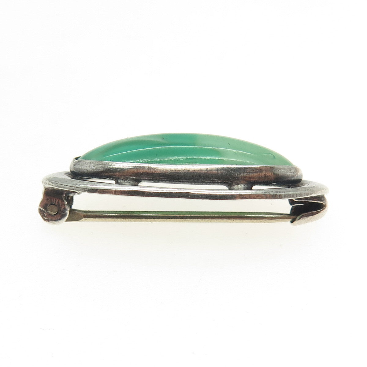 925 Sterling Silver Antique Green Glass Oxidized Pin Brooch