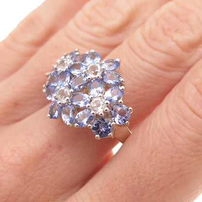 925 Sterling Silver Gold Plated Real Tanzanite & White Topaz Ring Size 8