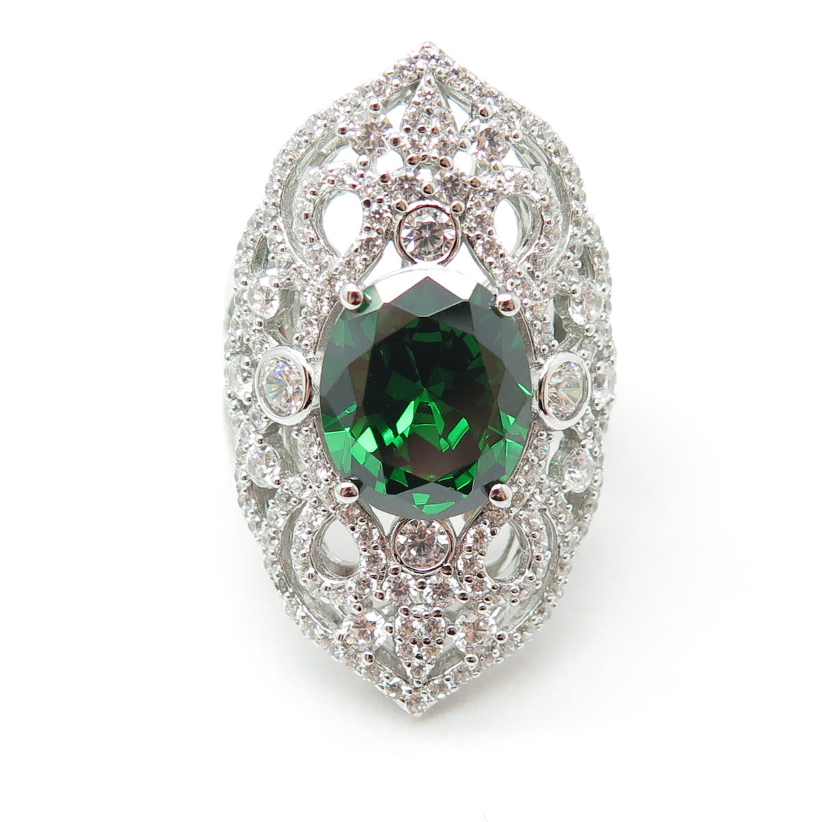 925 Sterling Silver Nano Emerald & Round-Cut C Z Ring Size 8