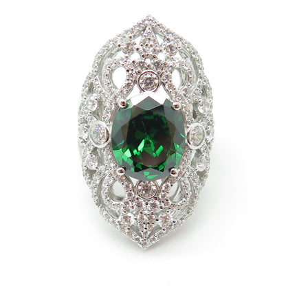 925 Sterling Silver Nano Emerald & Round-Cut C Z Ring Size 8