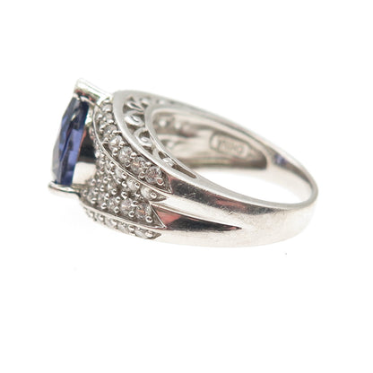 925 Sterling Silver Blue & White C Z Teardrop Ring Size 6