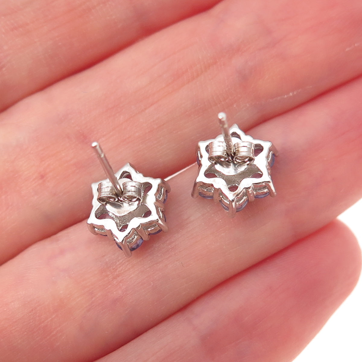 925 Sterling Silver Real Round-Cut Diamond & Tanzanite Floral Stud Earrings