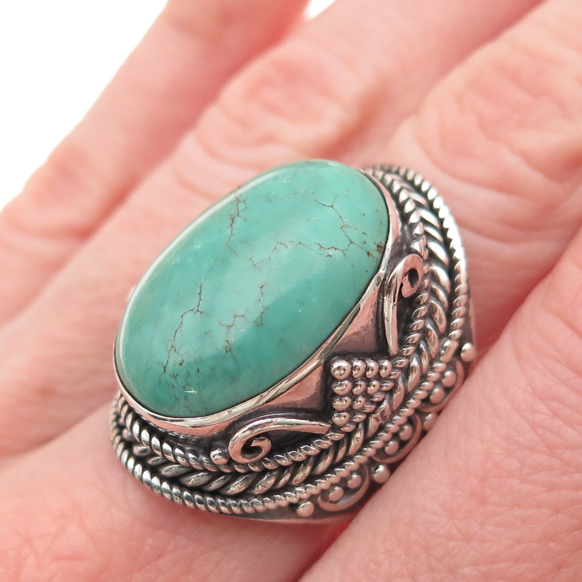 925 Sterling Silver Vintage Real Kingman Turquoise Oxidized Ring Size 8.75