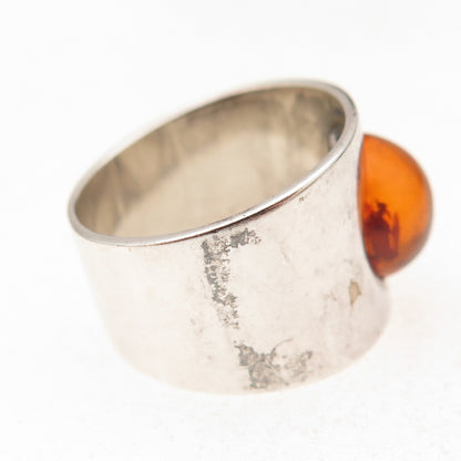 925 Sterling Silver Vintage Real Amber Modernist Oxidized Ring Size 5.75