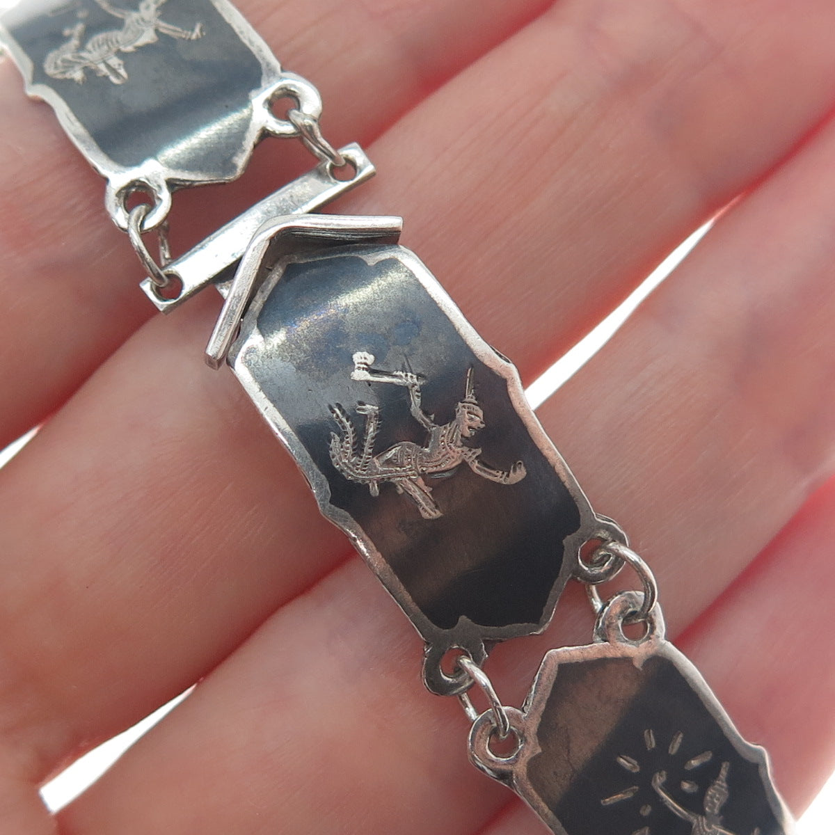 925 Sterling Silver Antique Siam Niello Hindu Goddess Panel Link Bracelet 7"