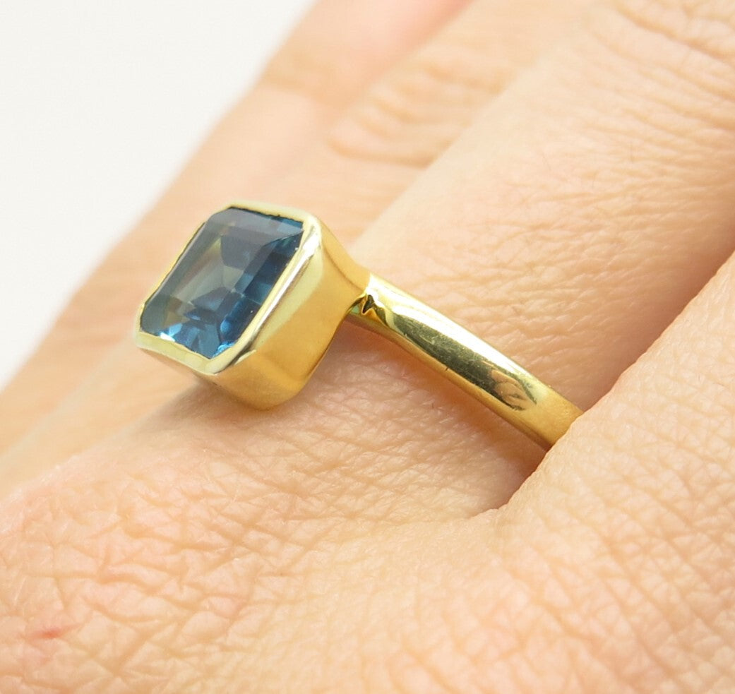 DSMK 925 Sterling Silver Gold Plated London Blue Topaz Gem Ring Size 9