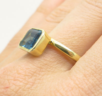 DSMK 925 Sterling Silver Gold Plated London Blue Topaz Gem Ring Size 9