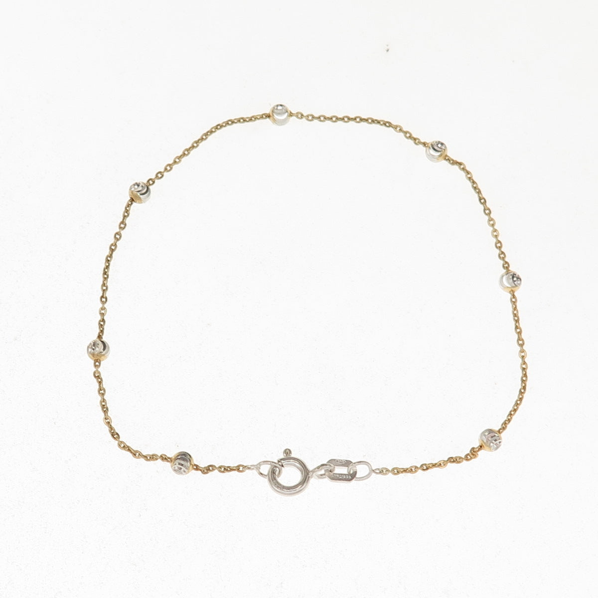 925 Sterling Silver 2-Tone Diamond-Cut Bead Station Cable Link Bracelet 7"
