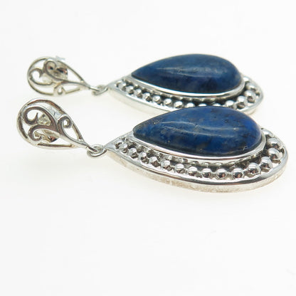 925 Sterling Silver Vintage Real Lapis Lazuli Gemstone Beaded Dangling Earrings