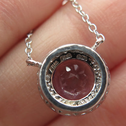 925 Sterling Silver Real Round-Cut Diamond & Amethyst Cable Chain Necklace 18"