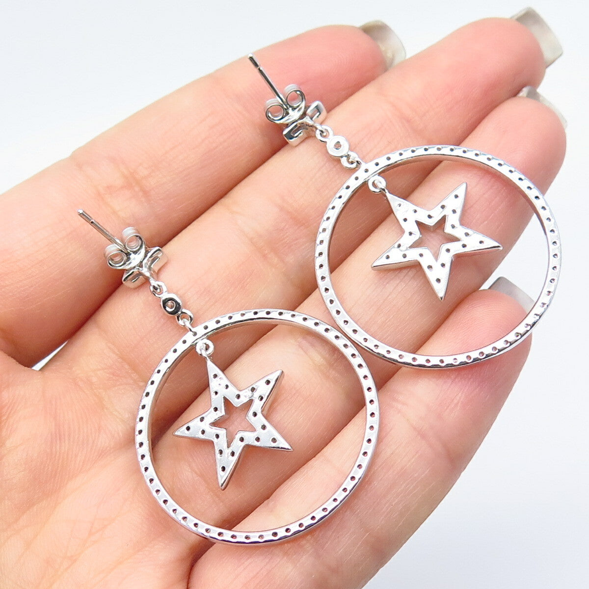 925 Sterling Silver Pave C Z Star Dangling Earrings