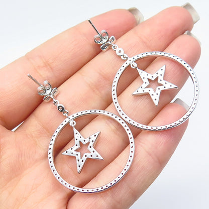 925 Sterling Silver Pave C Z Star Dangling Earrings
