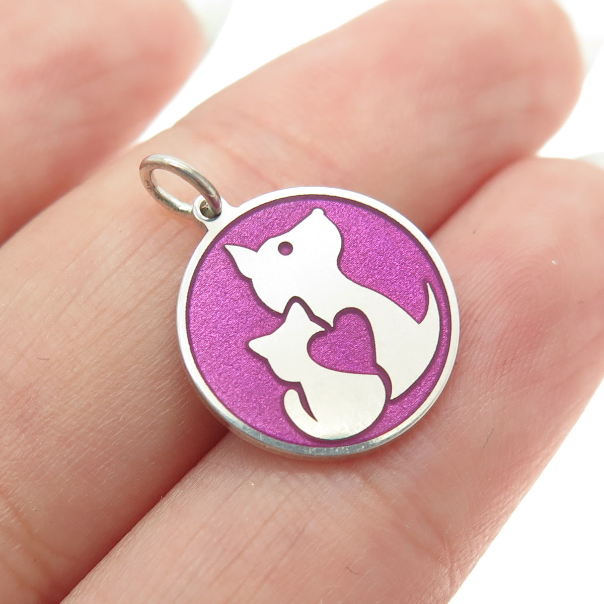 925 Sterling Silver Purple Enamel Dog & Cat Friendship Minimalist Charm Pendant