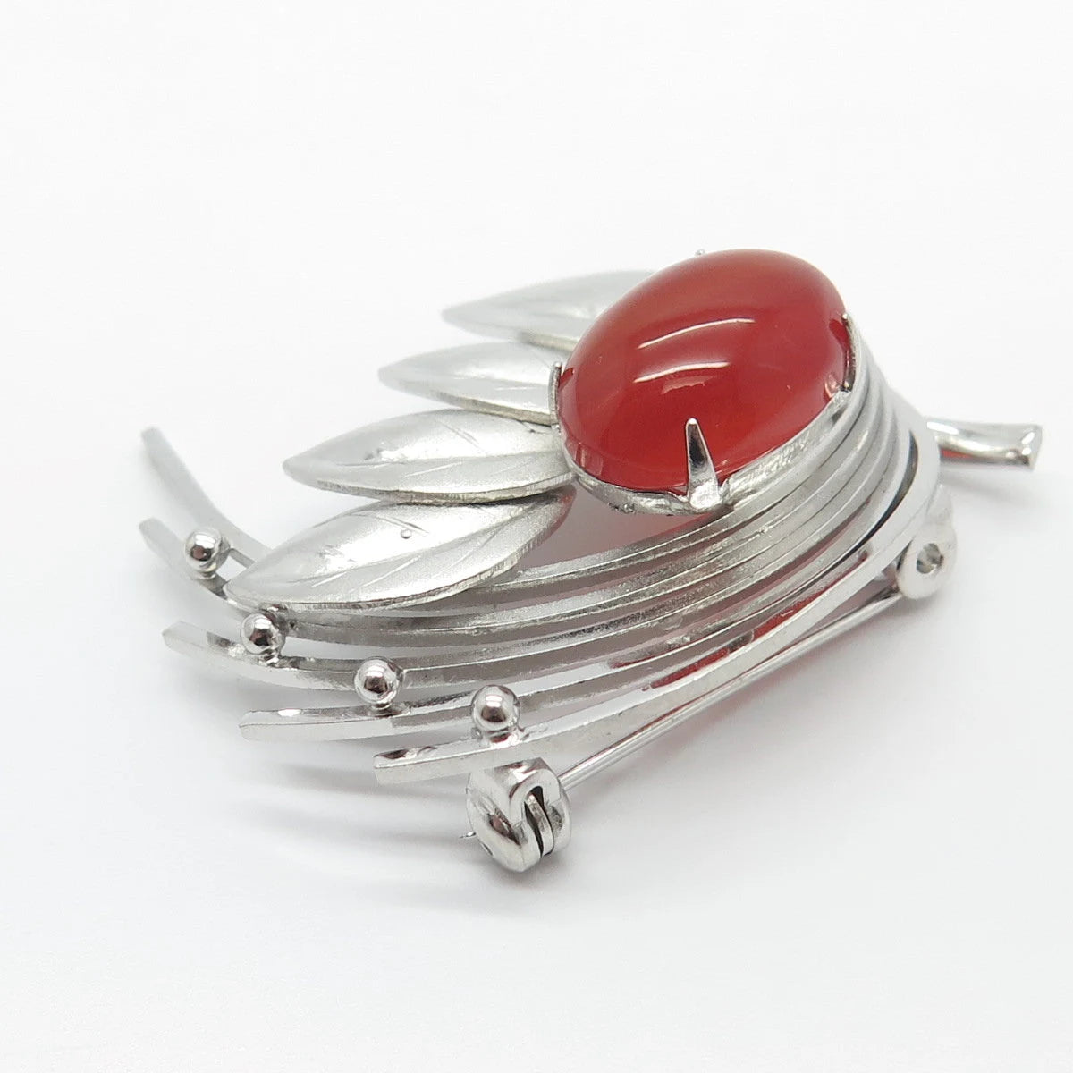 Silver-Tone Antique Real Carnelian Gemstone Leaf Pin Brooch