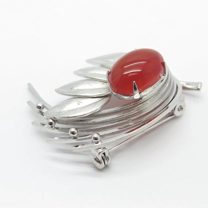 Silver-Tone Antique Real Carnelian Gemstone Leaf Pin Brooch
