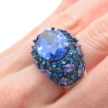 FADI 925 Sterling Silver Oval & Round-Cut Blue C Z Cluster Ring Size 8