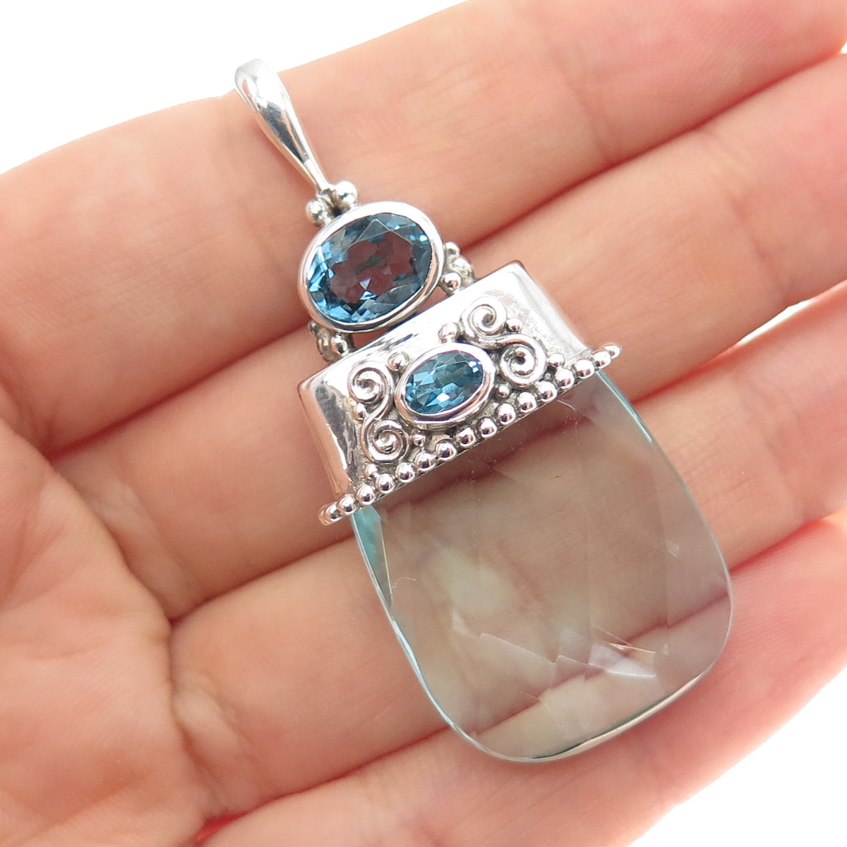 SAJEN 925 Sterling Silver Vintage Glass Real Blue Topaz Modernist Pendant