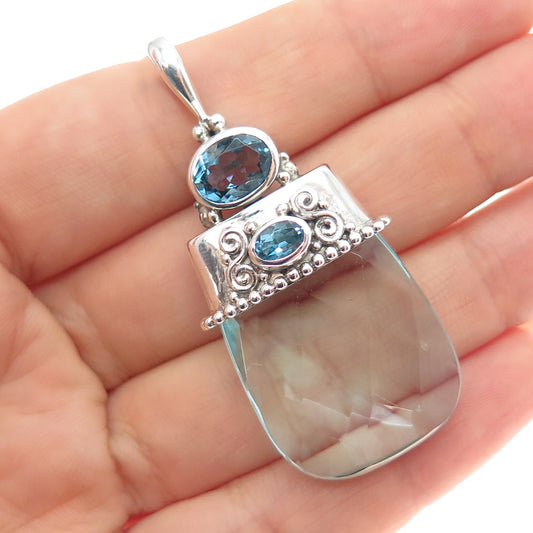 SAJEN 925 Sterling Silver Vintage Glass Real Blue Topaz Modernist Pendant