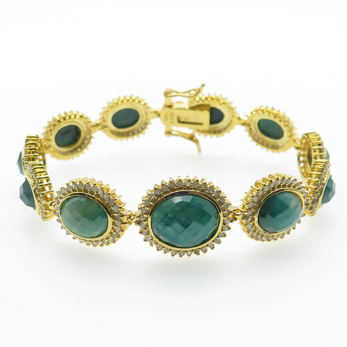 925 Sterling Silver Gold Plated Diamond & Emerald Gem Tennis Link Bracelet 6.75"