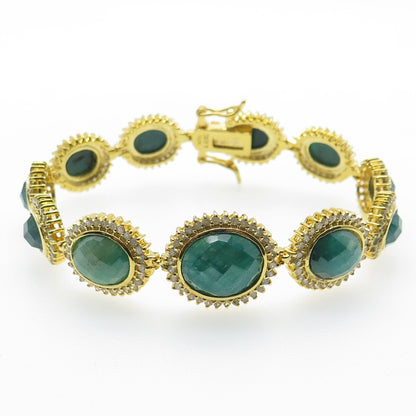925 Sterling Silver Gold Plated Diamond & Emerald Gem Tennis Link Bracelet 6.75"
