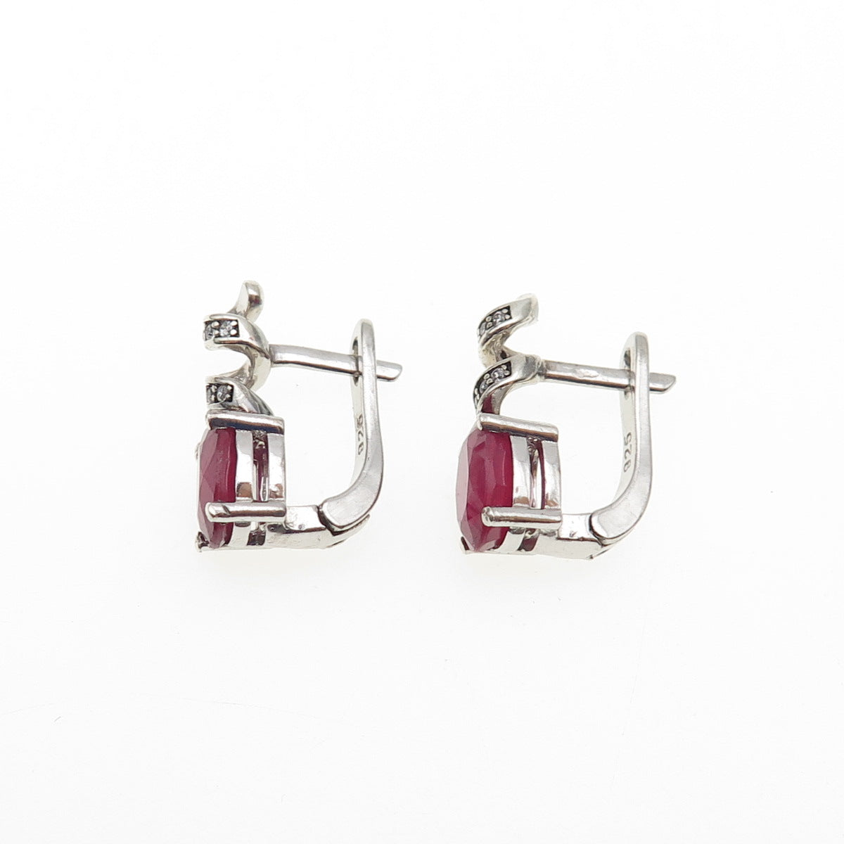 925 Sterling Silver Real Oval-Cut Ruby & Round-Cut C Z Swirl Earrings