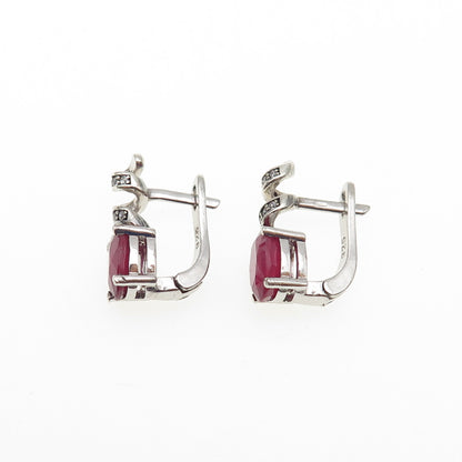925 Sterling Silver Real Oval-Cut Ruby & Round-Cut C Z Swirl Earrings