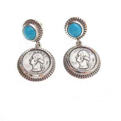 D'Joy 925 Sterling Silver Real Turquoise Washington Quarter Coin Dangle Earrings